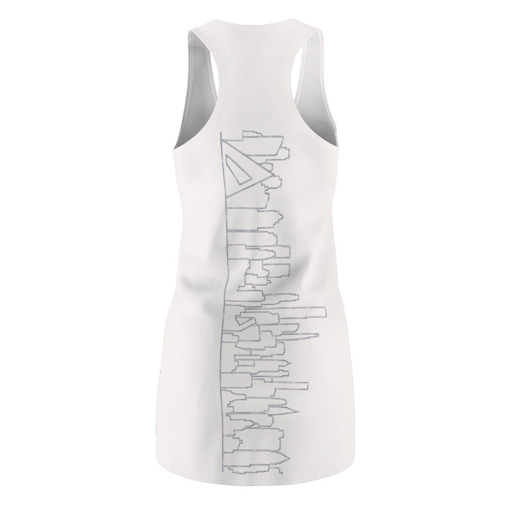 Manhattan Silver Skyline on White Racerback Dress — View from Queens and New Jersey Dress