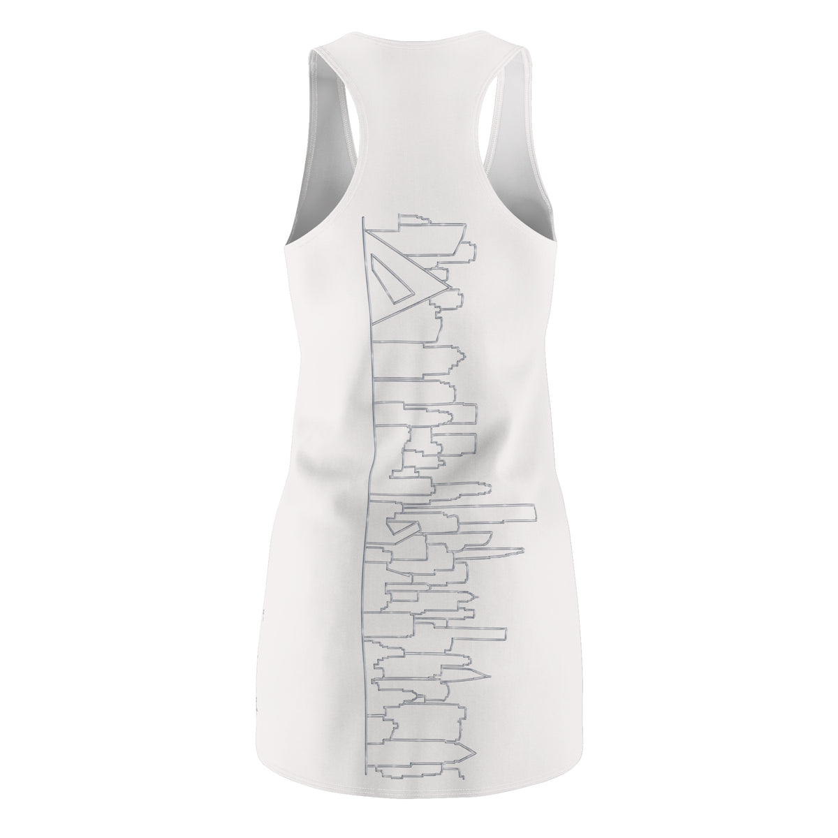 Manhattan Silver Skyline on White Racerback Dress — View from Queens and New Jersey Dress