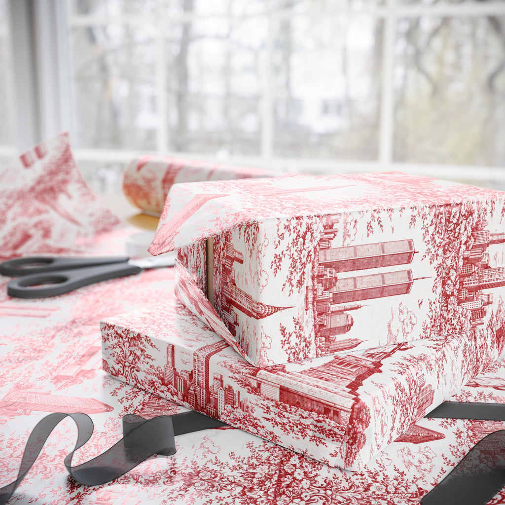 Manhattan NYC Red Toile Gift Wrapping Papers   Chinoiserie Old New York City Gift Wrap Empire State Building Twin Towers Statue of Liberty