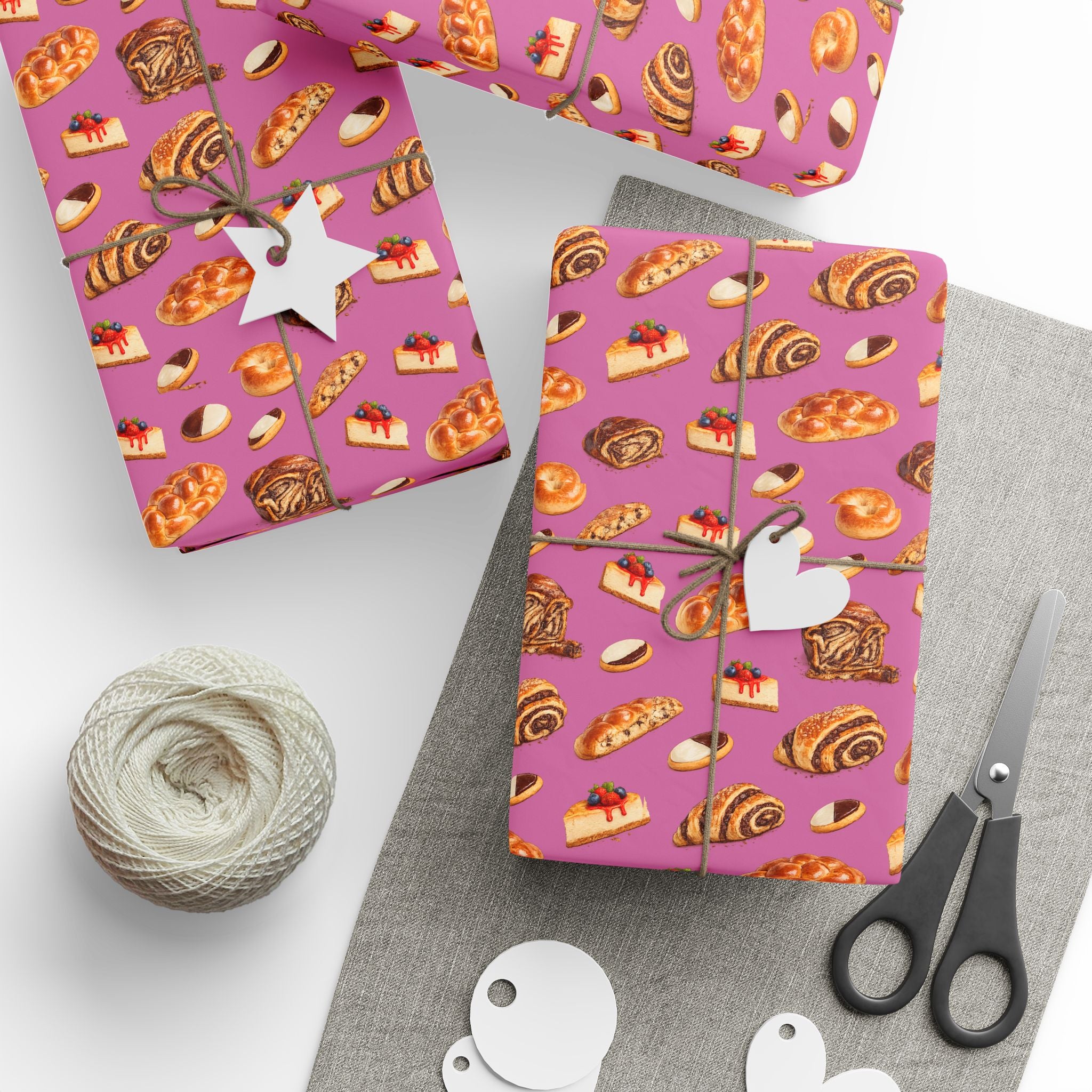 Kosher Bakery Pastries Pattern Pink Gift Wrap Paper | Bagels Challah Cheesecake Roll Gift Wrapping Paper