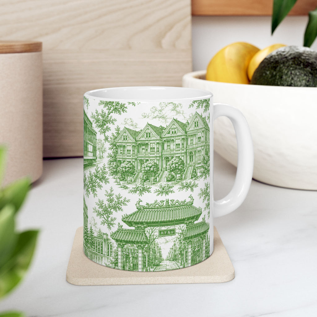 San Francisco Green Toile de Jouy Ceramic Mug — Vintage Cable Car & Palace of Fine Arts Design (11oz)