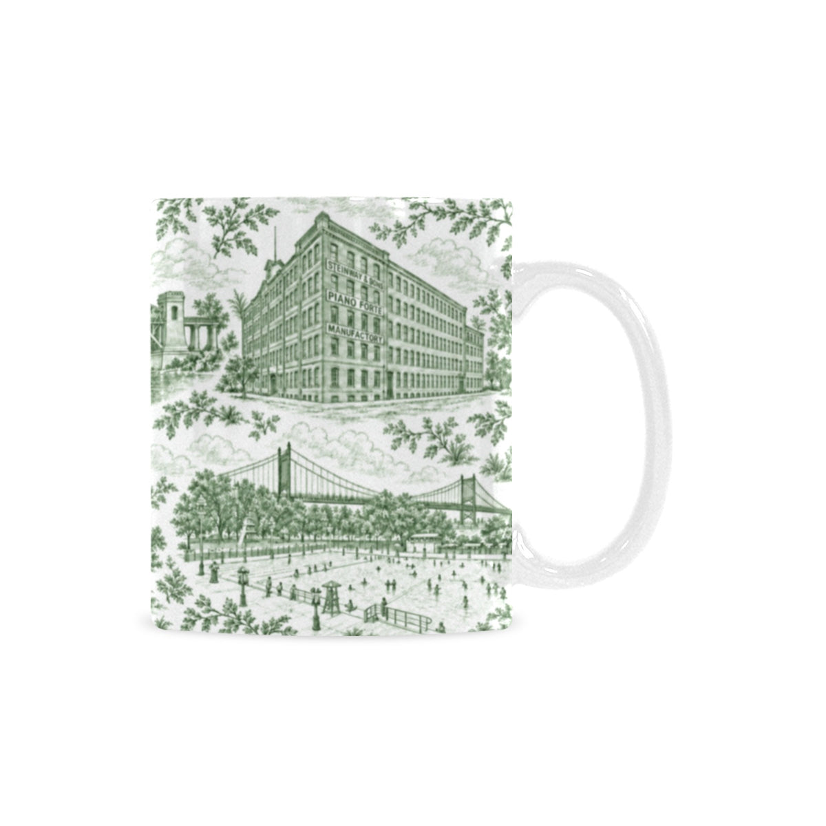 Astoria Green Toile de Jouy Mug | Queens Chinoiserie Ceramic Coffee Cup Custom White Mug (11oz)