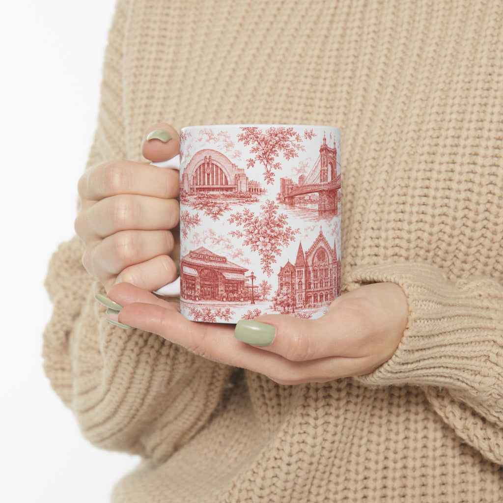 Cincinnati Red Toile de Jouy Ceramic Mug — Coffee Mug 11oz