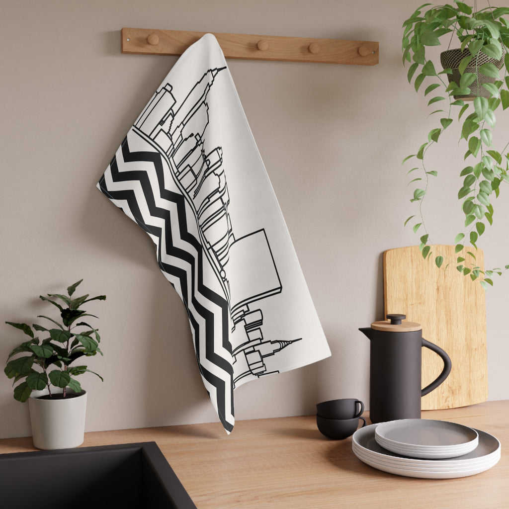 NYC Manhattan Skyline Chevron Tea Towel — Minimal Black & White New York City Skyline Kitchen Linen