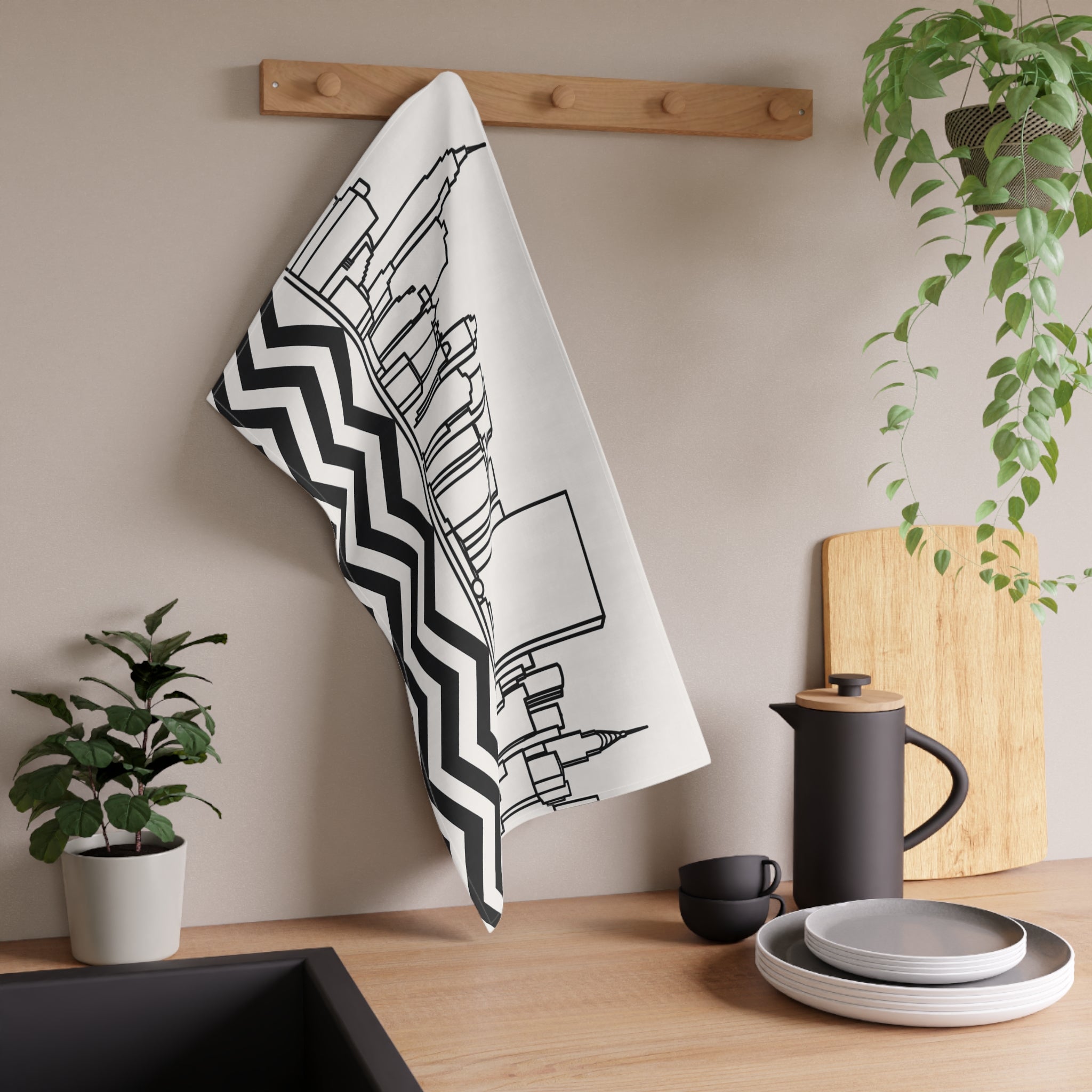 NYC Manhattan Skyline Chevron Tea Towel — Minimal Black & White New York City Skyline Kitchen Linen