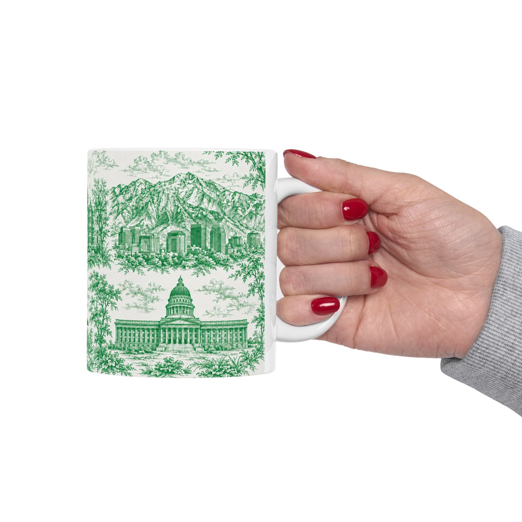 Salt Lake City Green Toile de Jouy Mug —  Ceramic Coffee Cup (11oz)