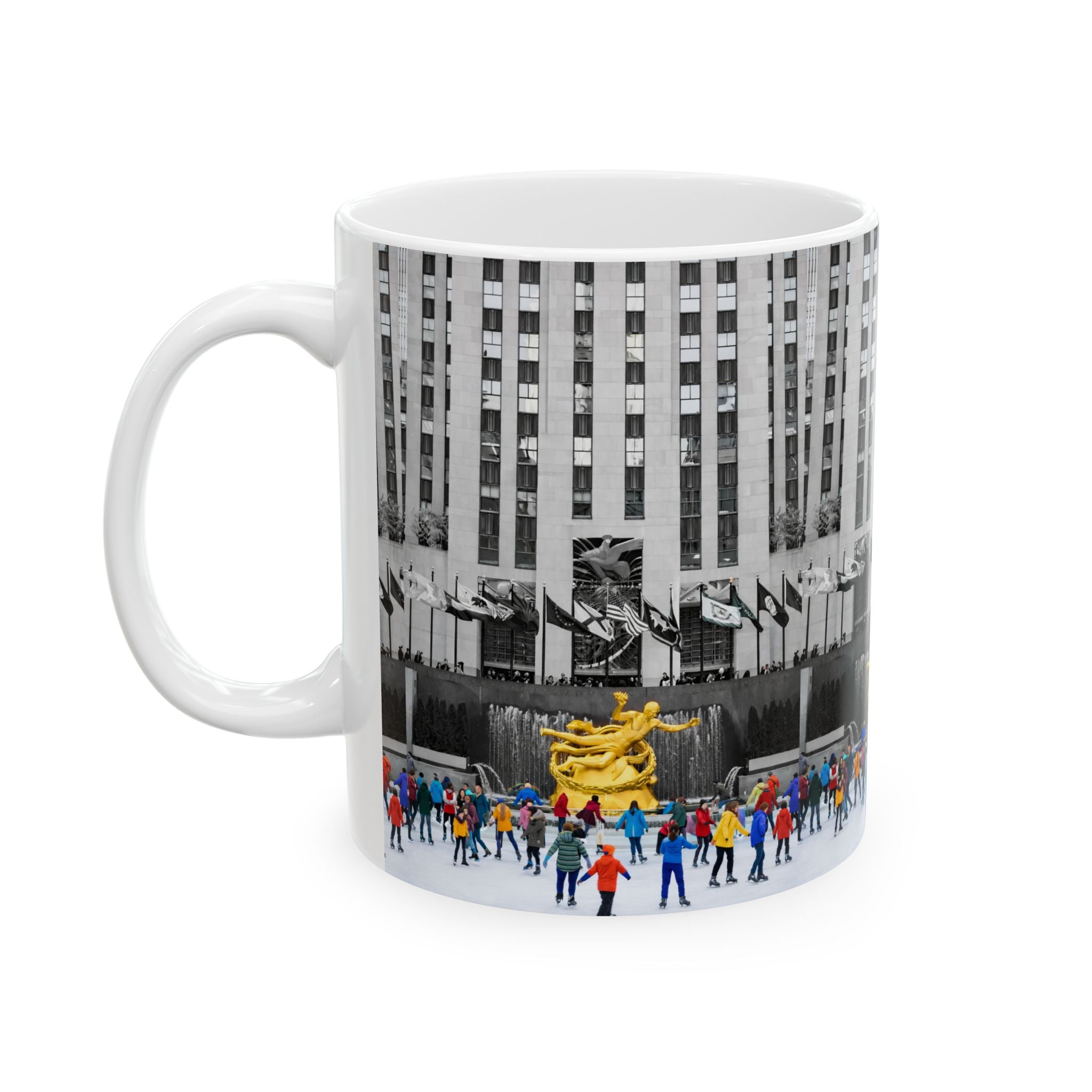 Rockefeller Center Ice Skating Scene Mug | NYC Gold Prometheus Ceramic Coffee Cup
