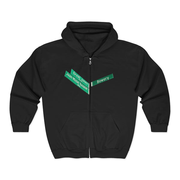 Lower East Side Street Sign Zip Up Hoodie   NYC East Village Basquiat Bowery  Hooded Sweatshirt