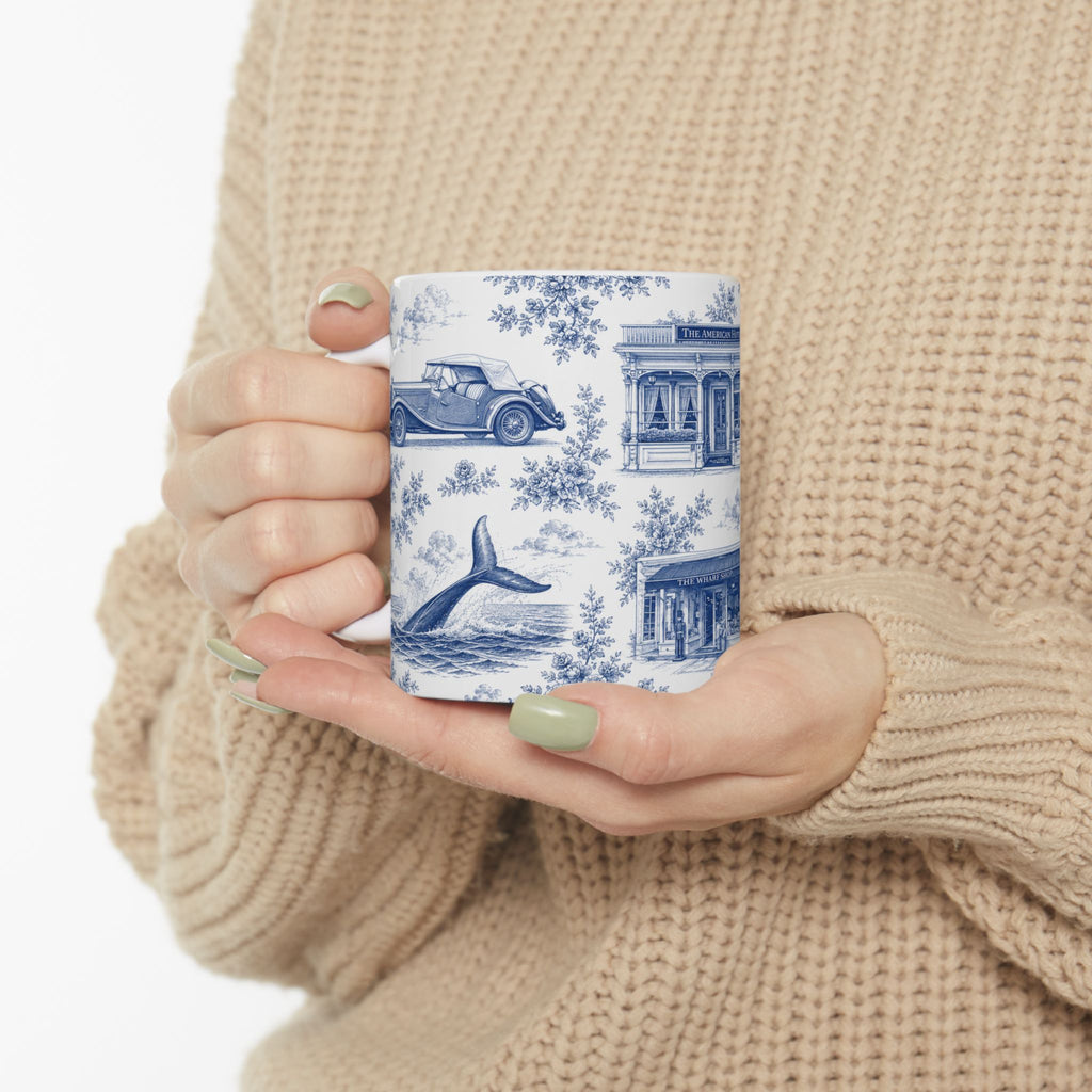 Sag Harbor Blue Toile de Jouy Mug | Hamptons Chinoiserie Ceramic Coffee Cup