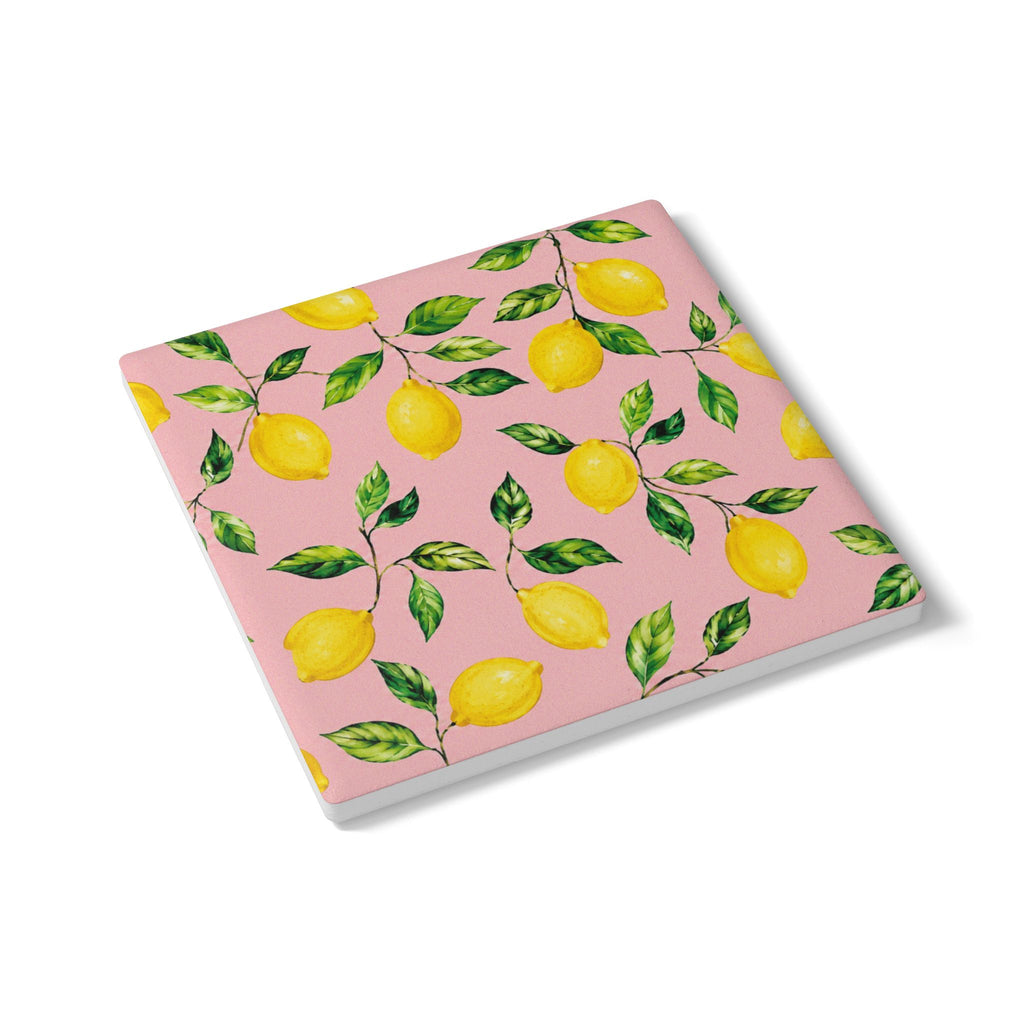Little Italy Amalfi Pink with Lemon Ceramic Coaster — Mediterranean Lemon Pattern Drink Coaster