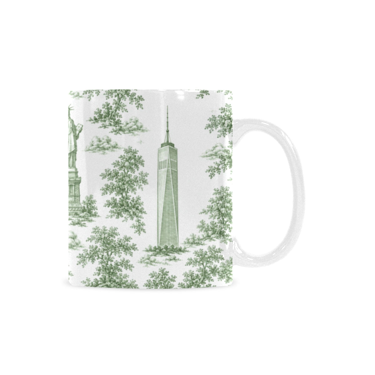 Manhattan Green Toile de Jouy Mug with One World Trade | New York City Chinoiserie Ceramic Mug Custom White Mug (11oz)