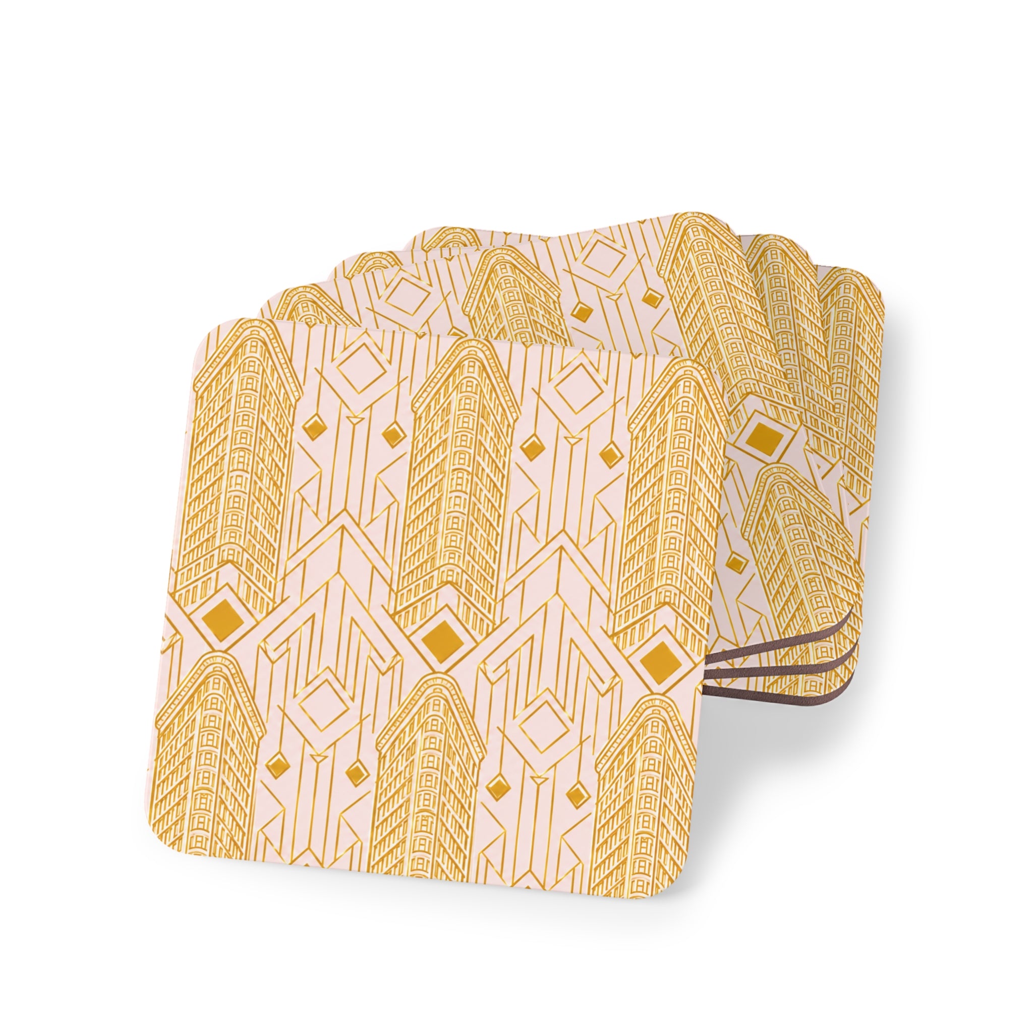 Art Deco Flatiron Building Gold & Pink Cork Coaster Set — Geometric Cocktail Coasters Set of 4