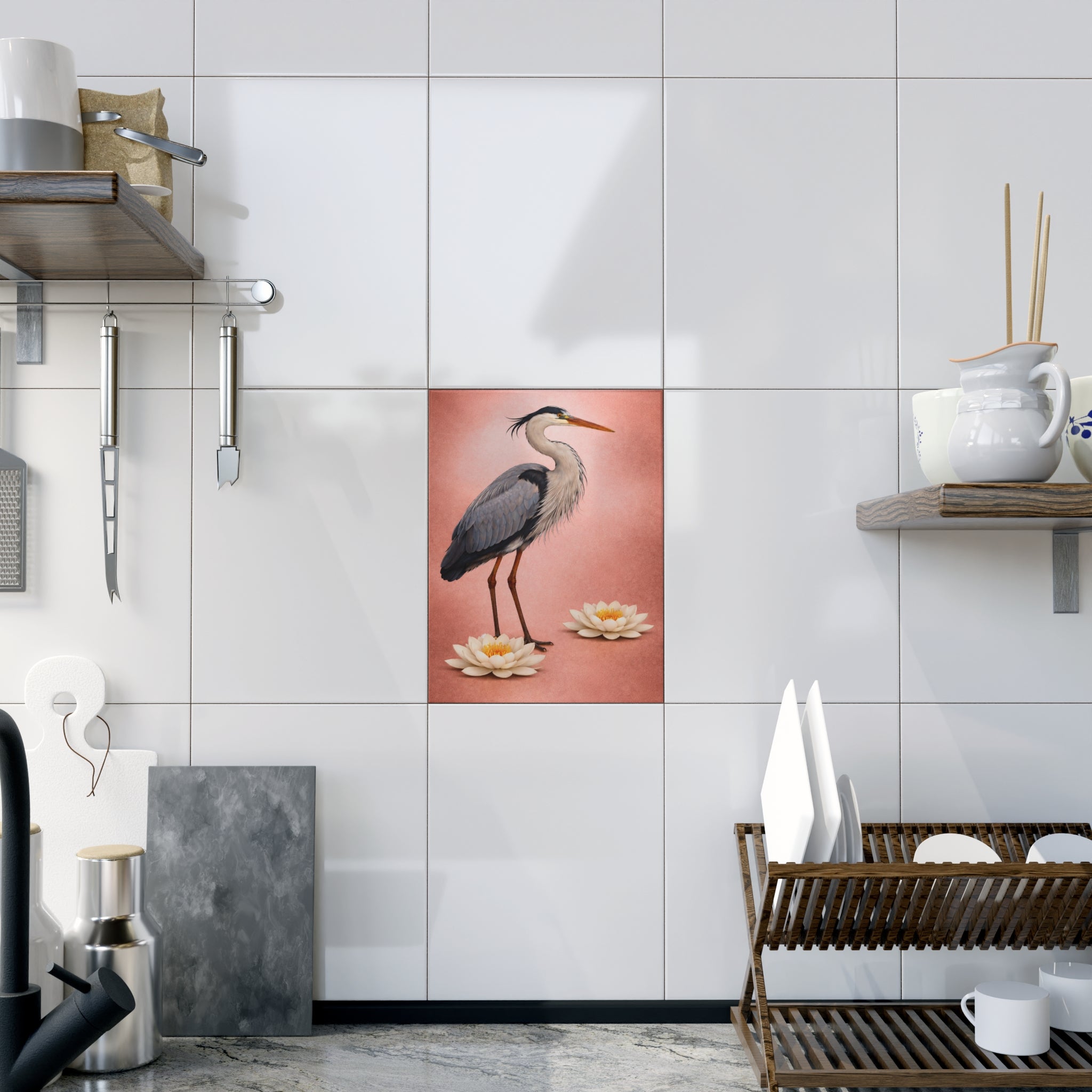 Staten Island Art Deco Blue Heron on Rose Gold Ceramic Shower Tile - Coastal Ceramic Bath Tile
