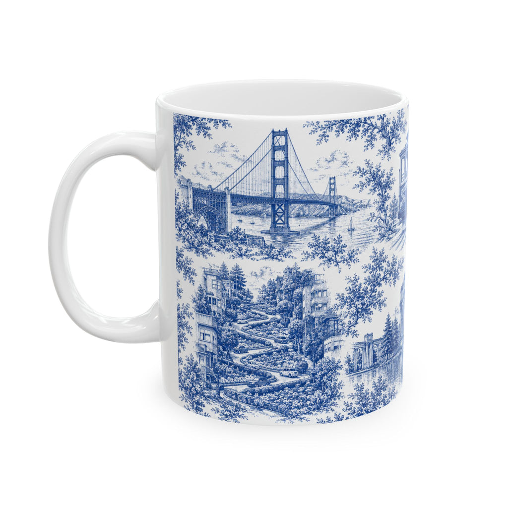 San Francisco Blue Toile de Jouy Ceramic Mug — Vintage Cable Car & Palace of Fine Arts Design (11oz)