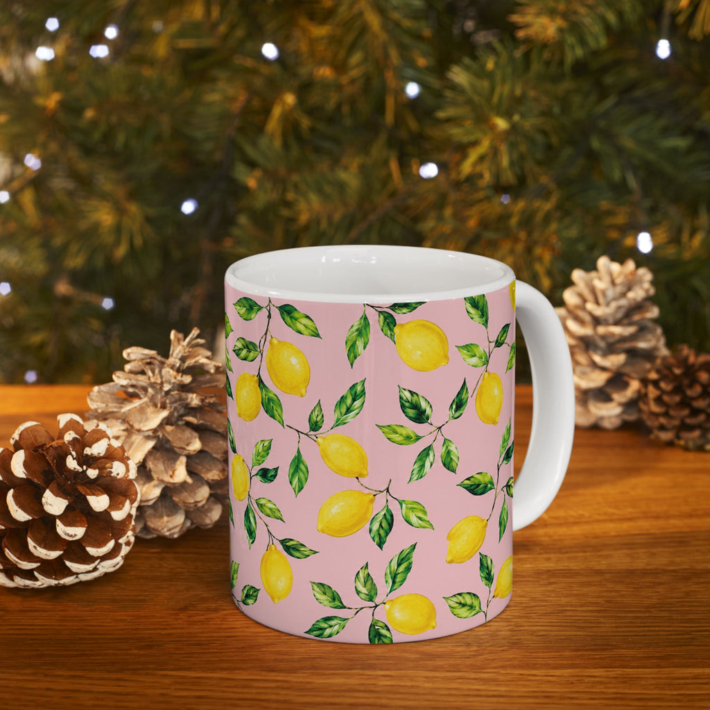 Little Italy Amalfi Pink with Lemon Mug 4— Italian Mediterranean Pattern Coffee Cup (11oz)