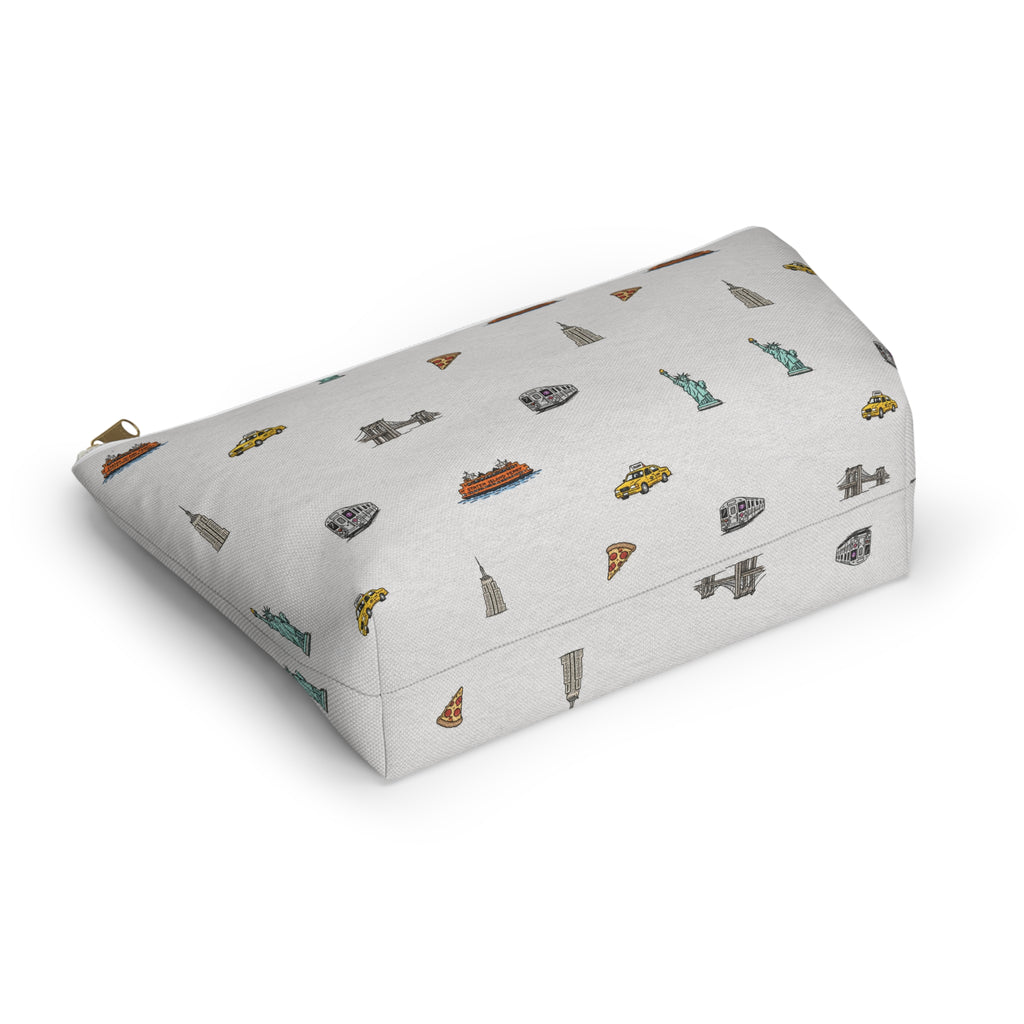 Icons of New York City Large Heather Gray Accessory Pouch — T-Bottom Makeup Bag with Statue of Liberty, Taxi & Pizza Pattern