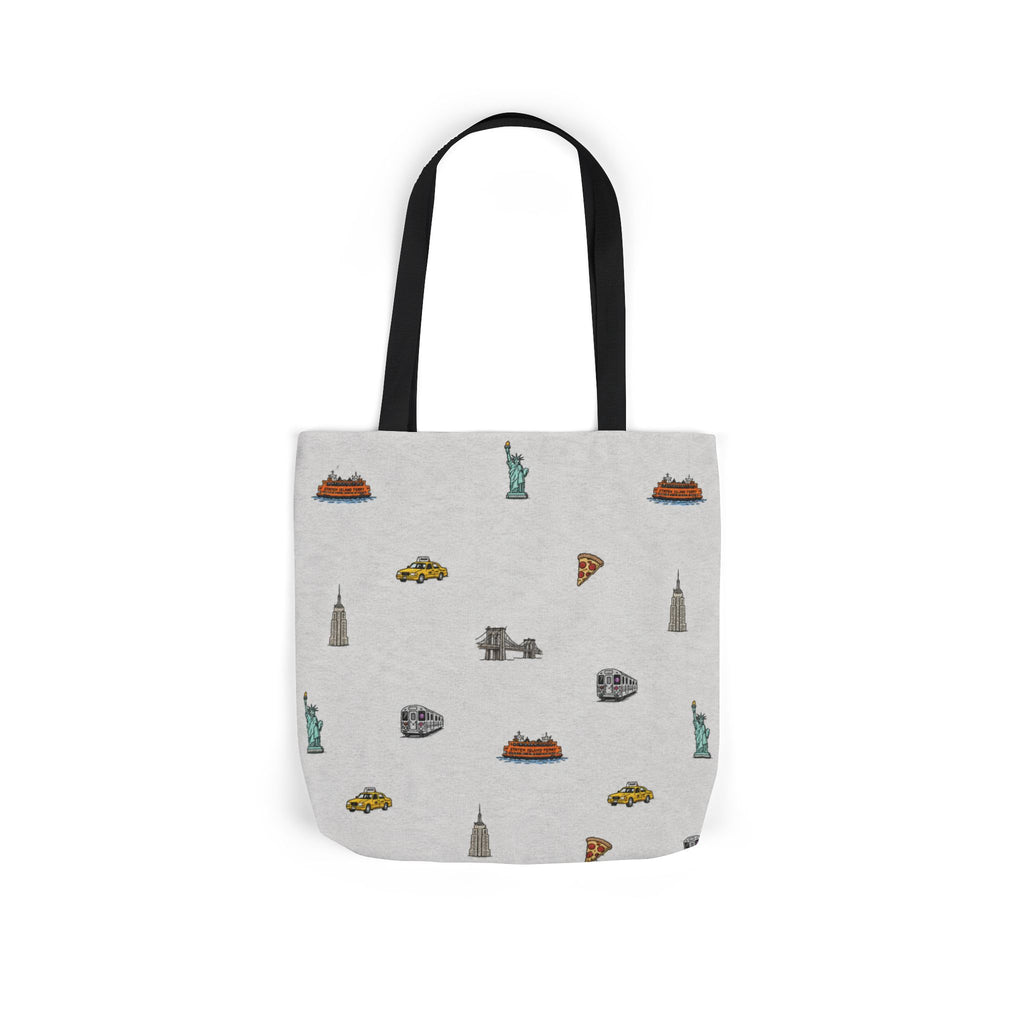 Icons of New York Heather Gray Canvas Tote — Statue of Liberty, Pizza & Taxi Pattern