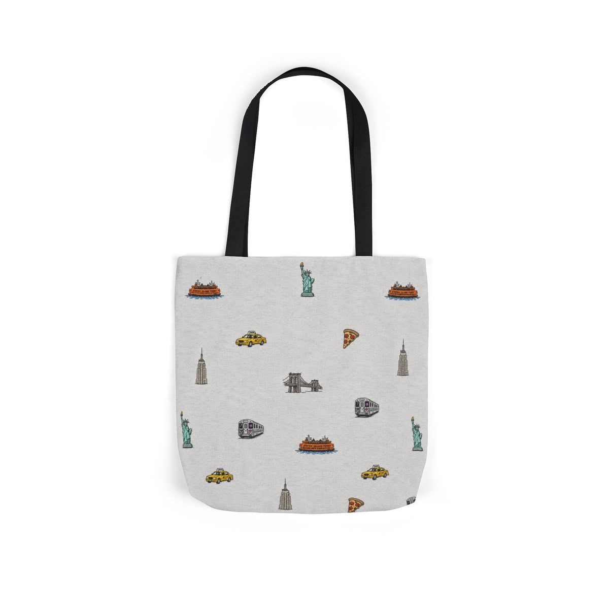 Icons of New York Heather Gray Canvas Tote — Statue of Liberty, Pizza & Taxi Pattern