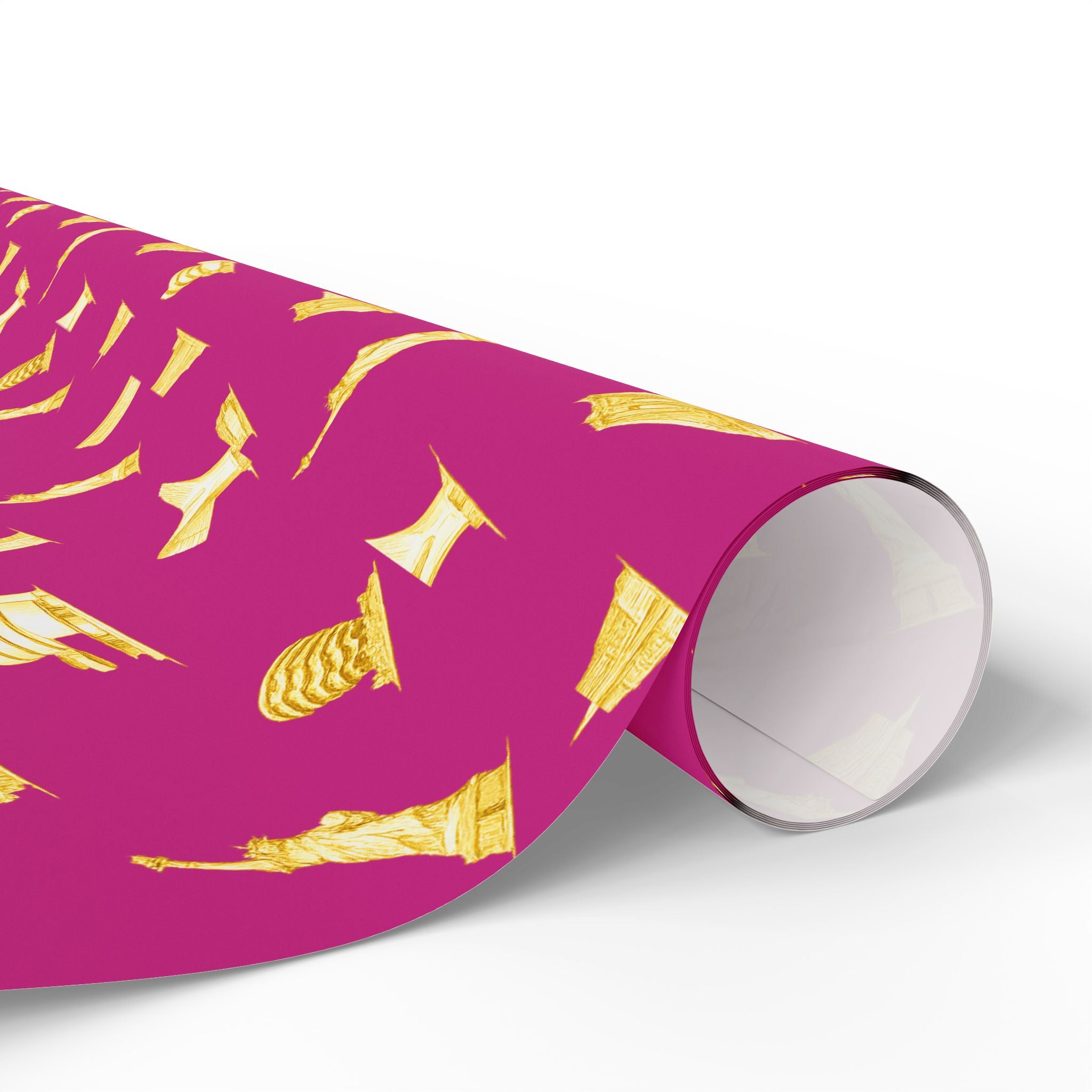 Gold NYC Landmarks on Pink Gift Wrap Paper | New York Statue of Liberty Oculus Vessel Brooklyn Bridge Guggenheim Wrapping Paper Roll