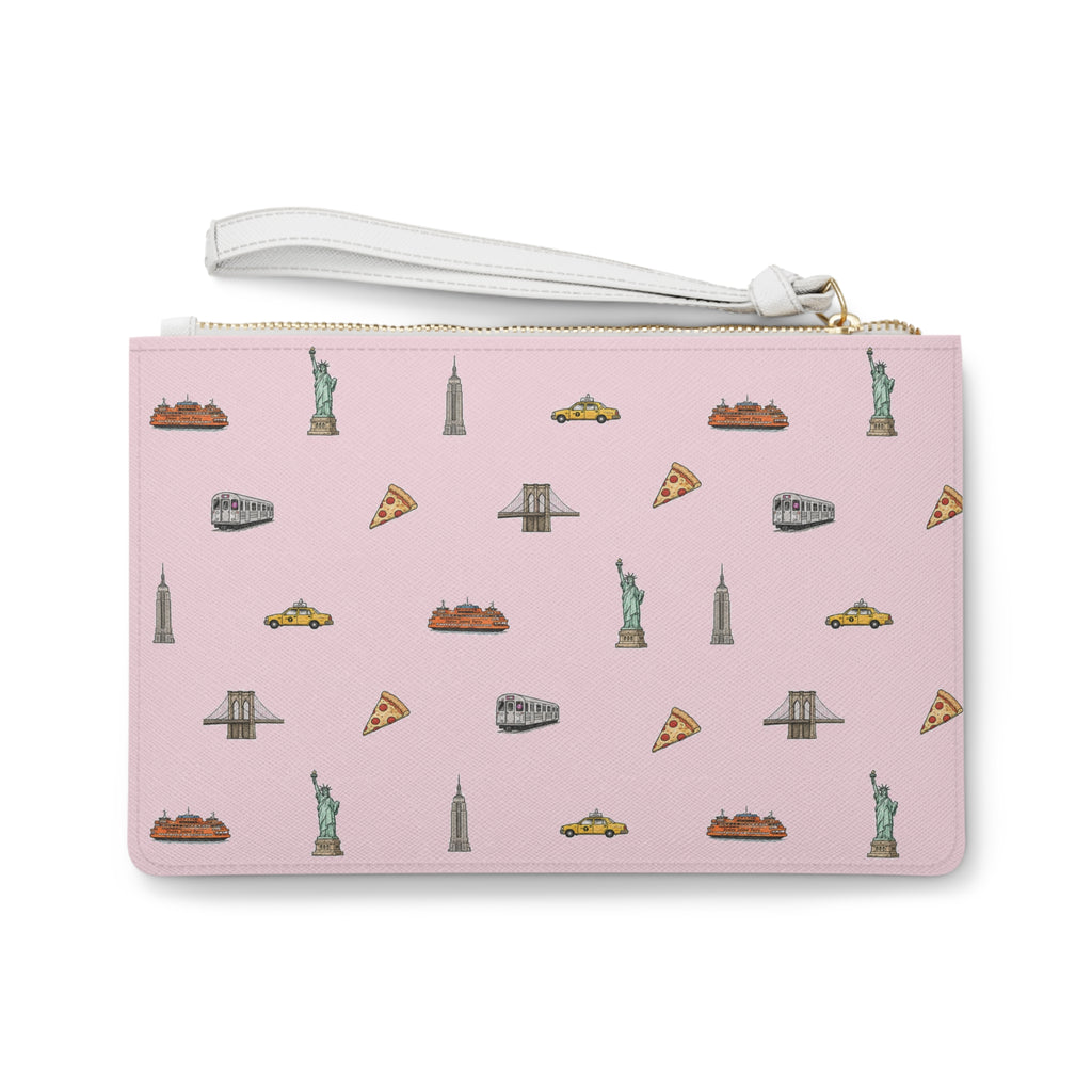 Icons of New York City Pink Clutch — Statue of Liberty, Taxi & Pizza Pattern