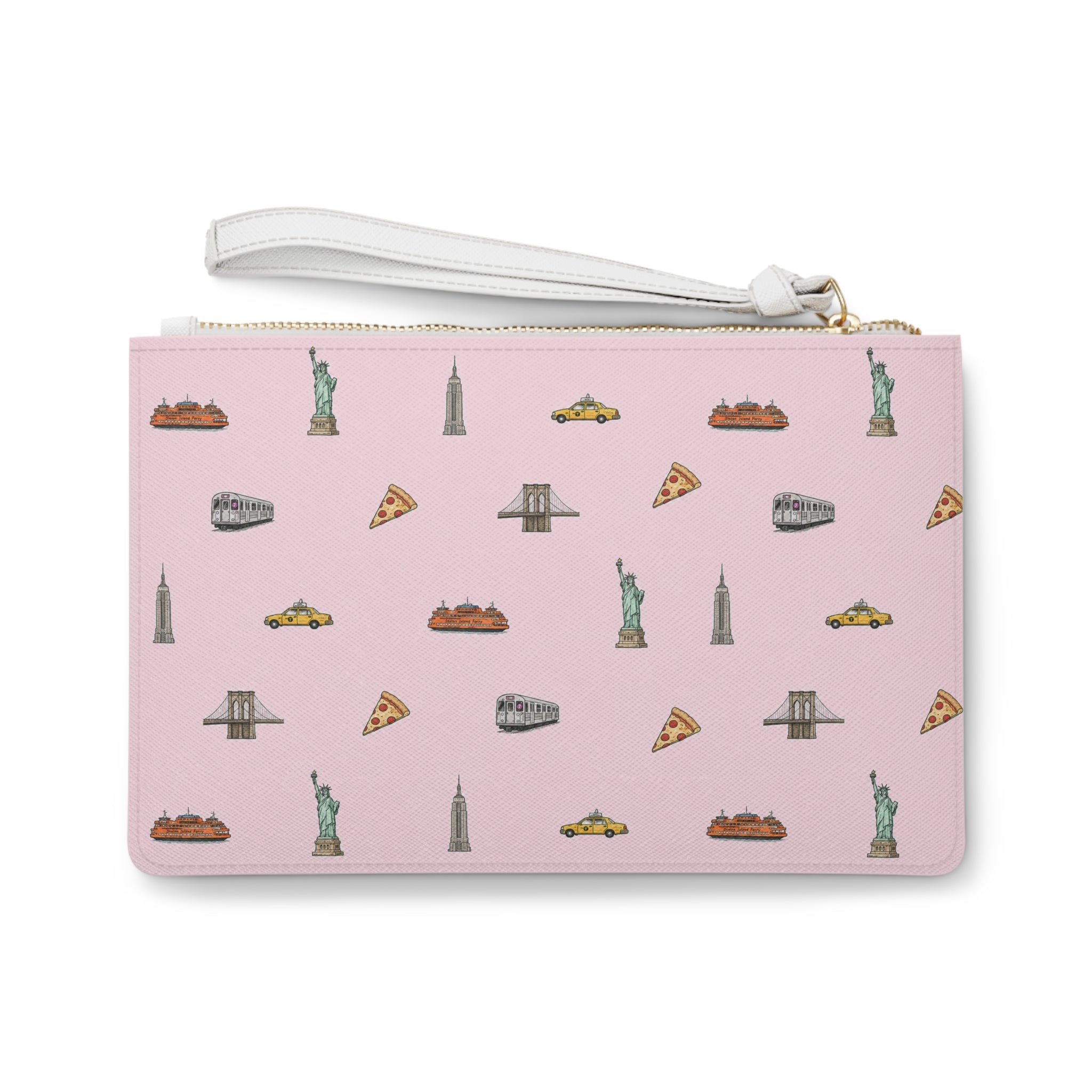 Icons of New York City Pink Clutch — Statue of Liberty, Taxi & Pizza Pattern