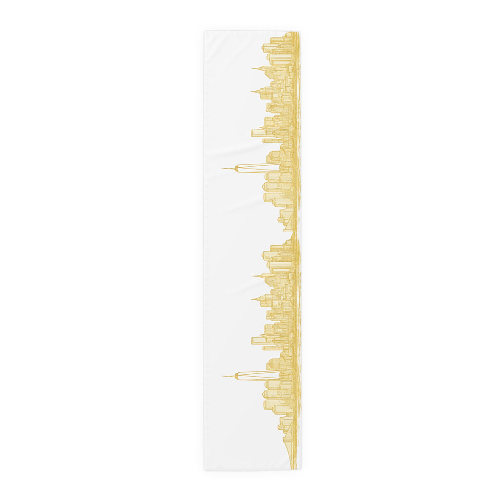 Gold Downtown New York City Skyline Table Runner — NYC Downtown Manhattan Cityscape Table Decor for Modern Dining