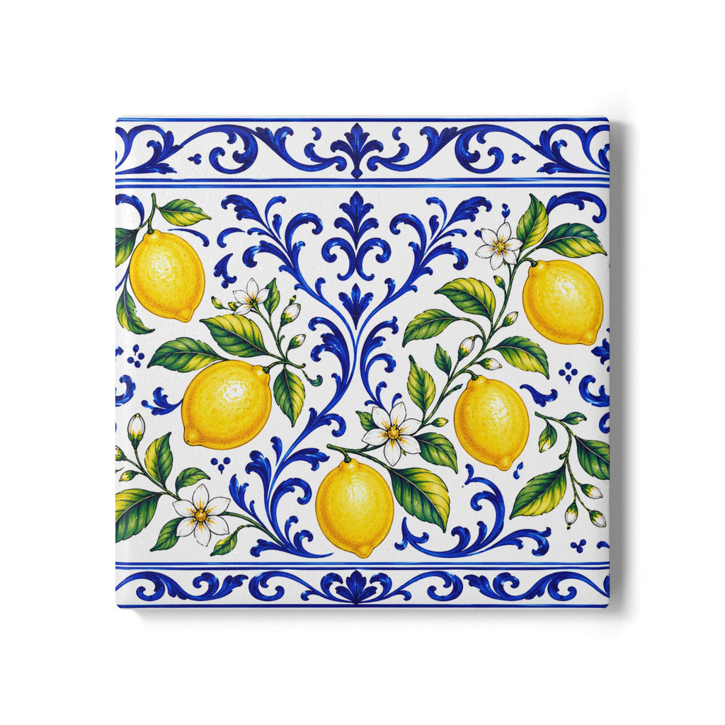 Posavasos de cerámica Little Italy Amalfi azul y blanco con limón — Posavasos de bebida con patrón de limón mediterráneo