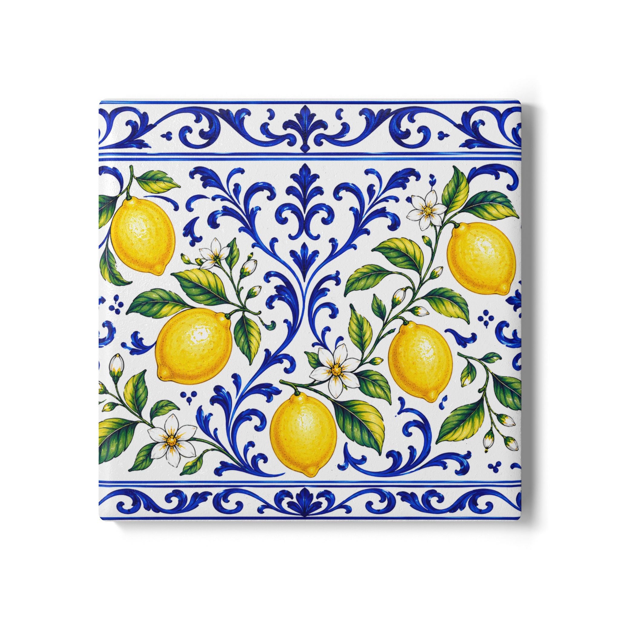 Little Italy Amalfi Blue and White with Lemon Ceramic Coaster — Mediterranean Lemon Pattern Drink Coaster