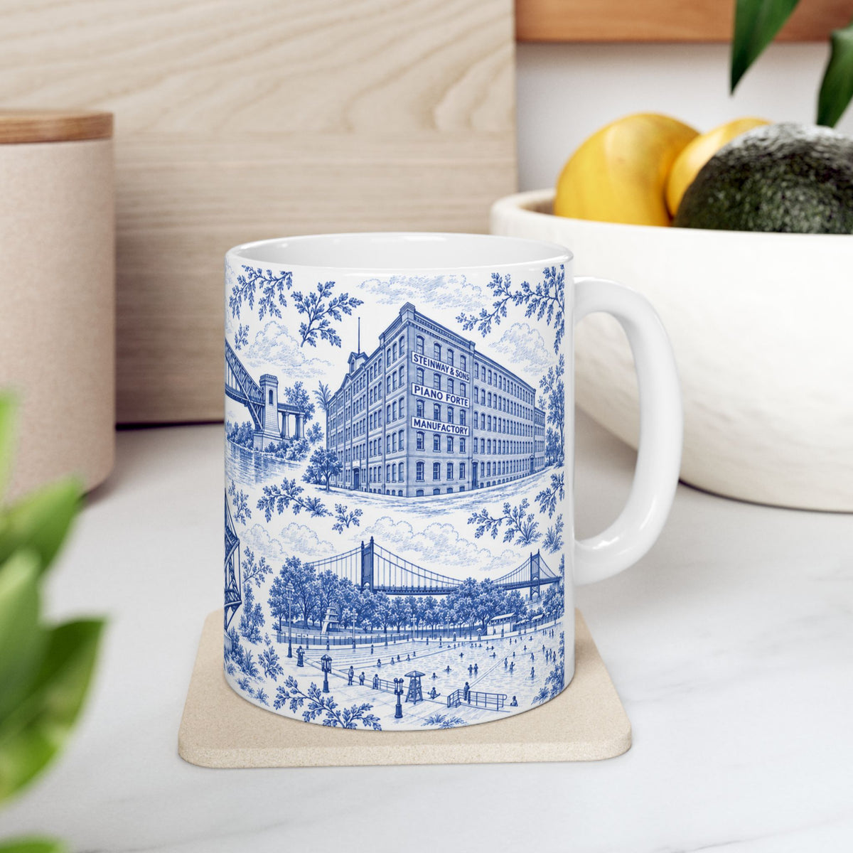 Astoria Blue Toile Cityscape Ceramic Mug — 11oz Decorative Coffee Cup