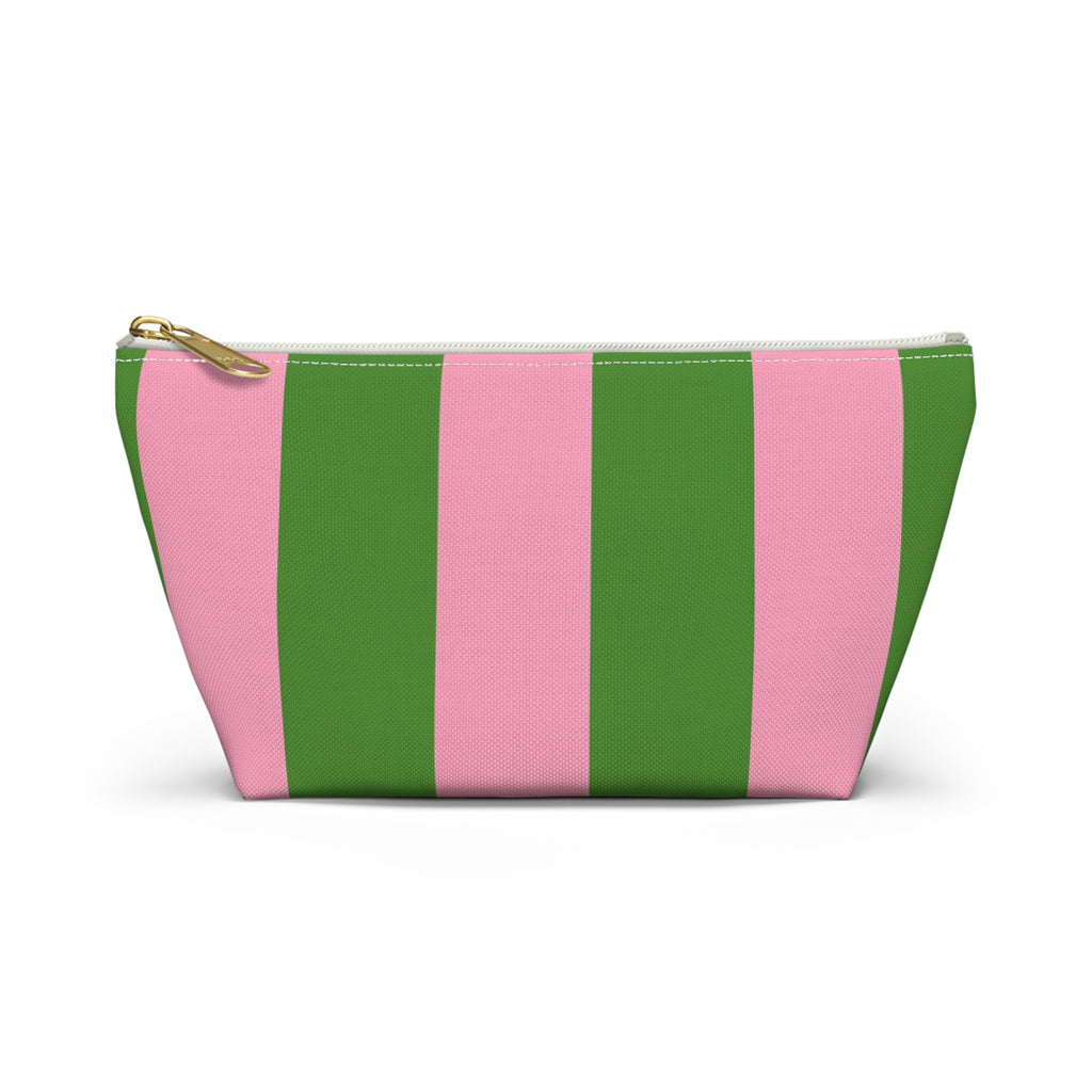Customizable Striped Accessory Pouch — Pink & Green T-Bottom Makeup Bag