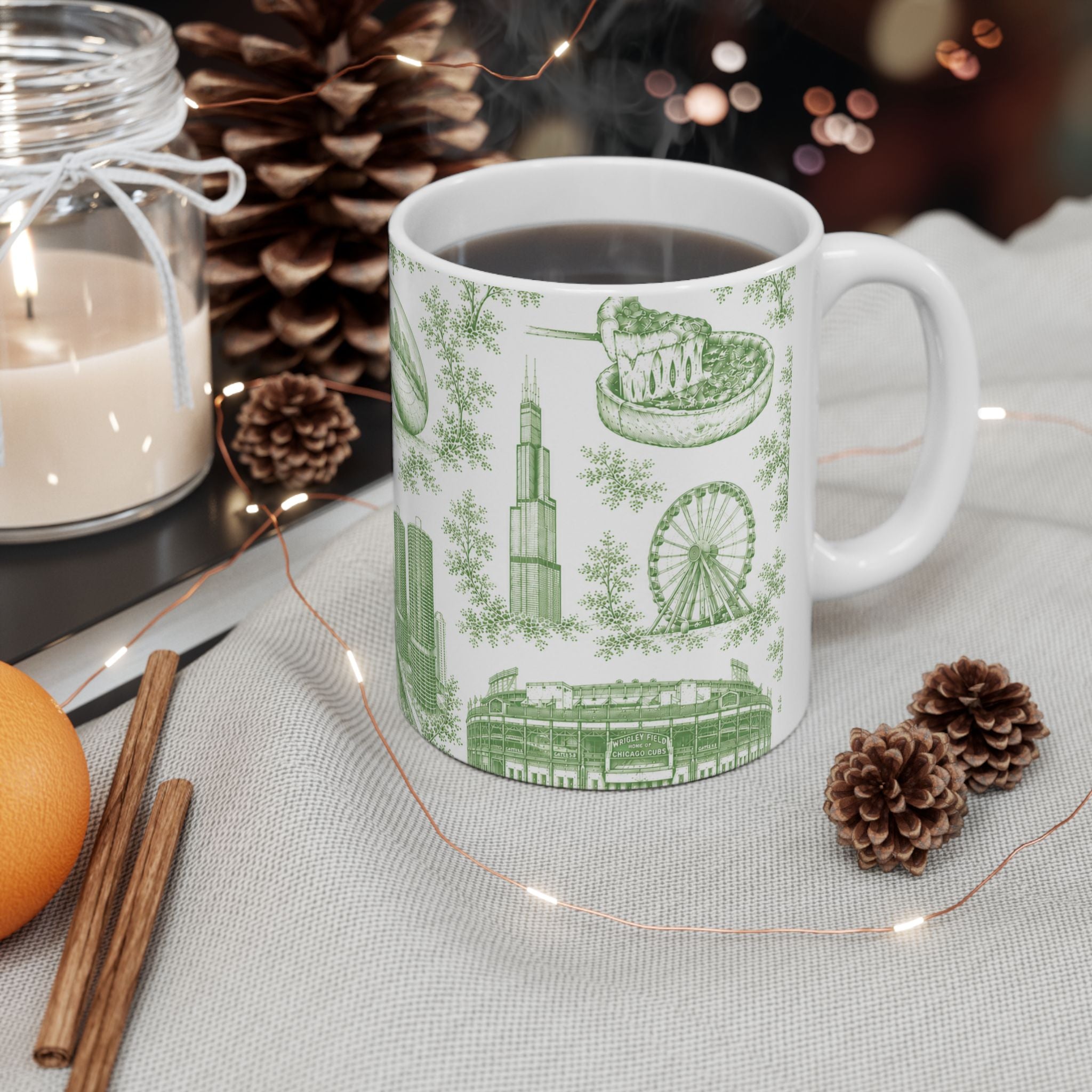Chicago Green Toile de Jouy Ceramic Mug (11oz)