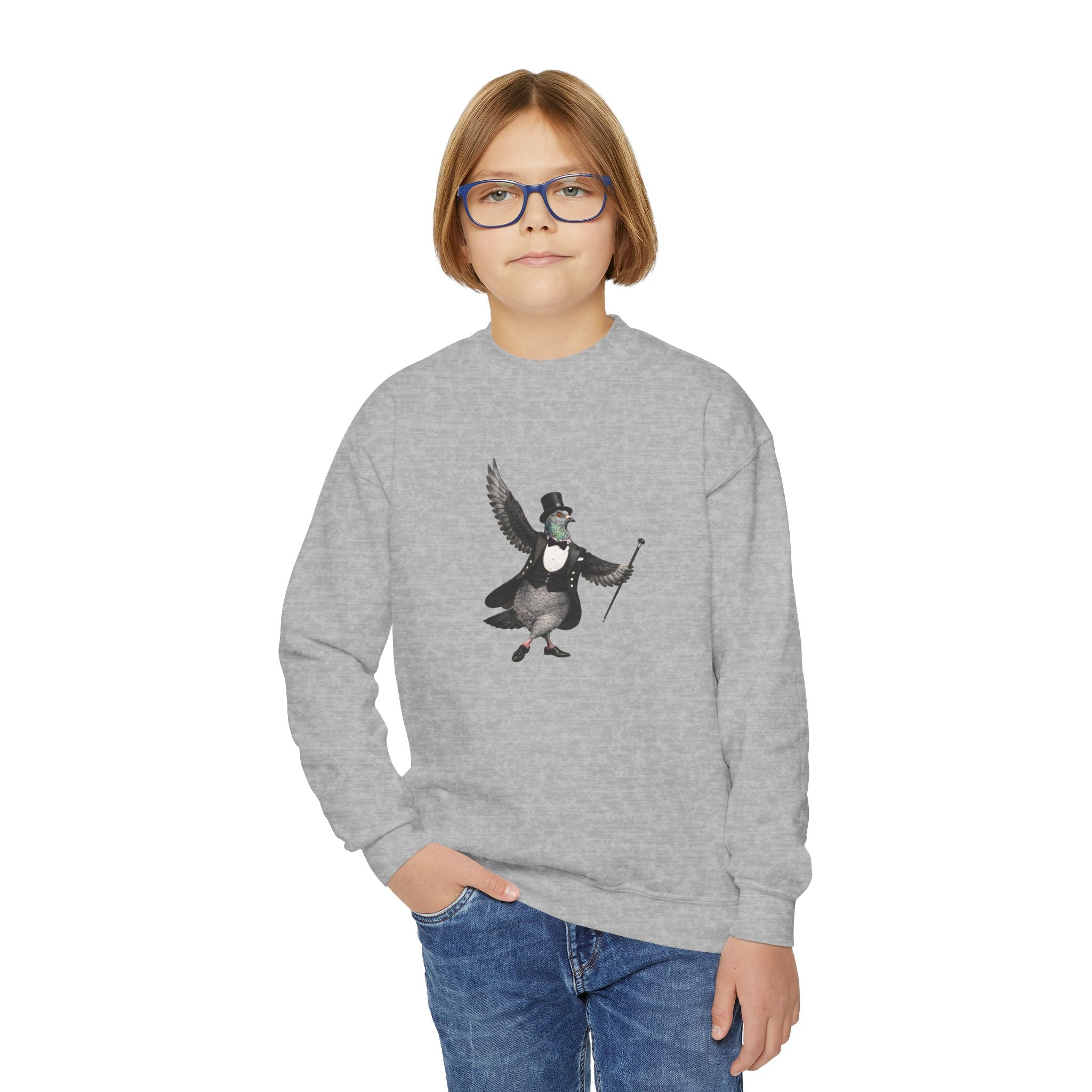 Sudadera de cuello redondo Broadway NYC Pigeon NYC Kids para niños. Suéter para niños amantes de las aves y el teatro de Nueva York.