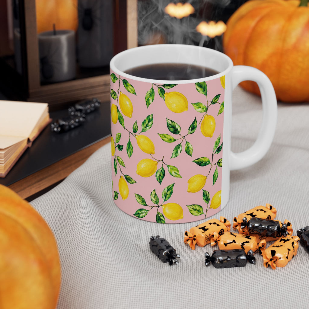 Little Italy Amalfi Pink with Lemon Mug 4— Italian Mediterranean Pattern Coffee Cup (11oz)