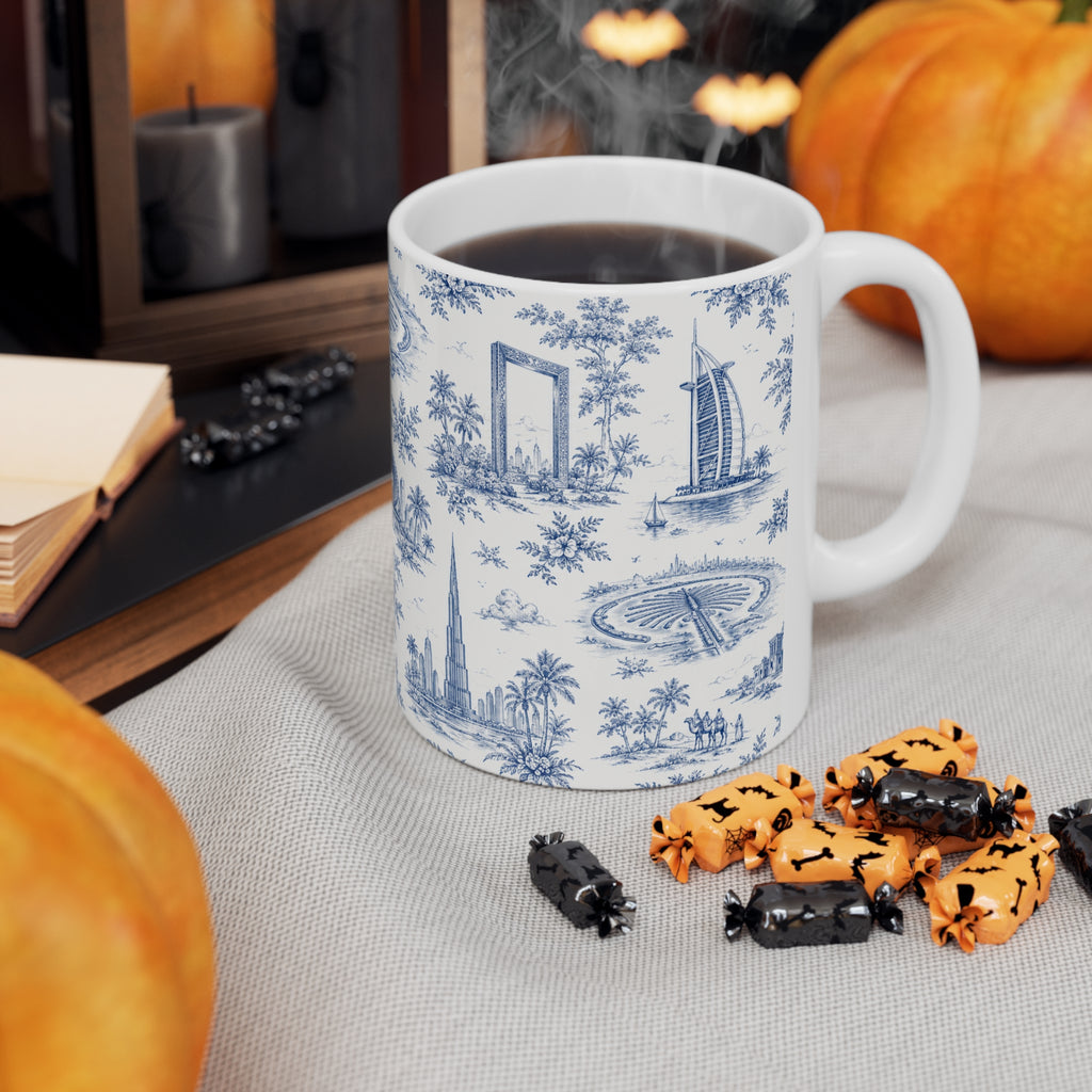 Dubai Blue Toile de Jouy Ceramic Mug -  Coffee Cup (11oz; Ships from Europe)