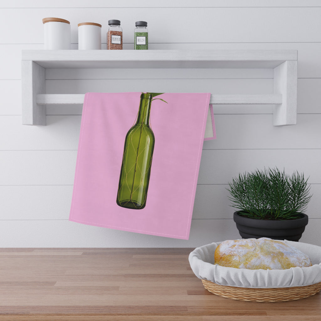 Pink Wine Bottle Tea Towel — Green Bottle with Protea on Pink Floral Kitchen Towel Hostess Gift