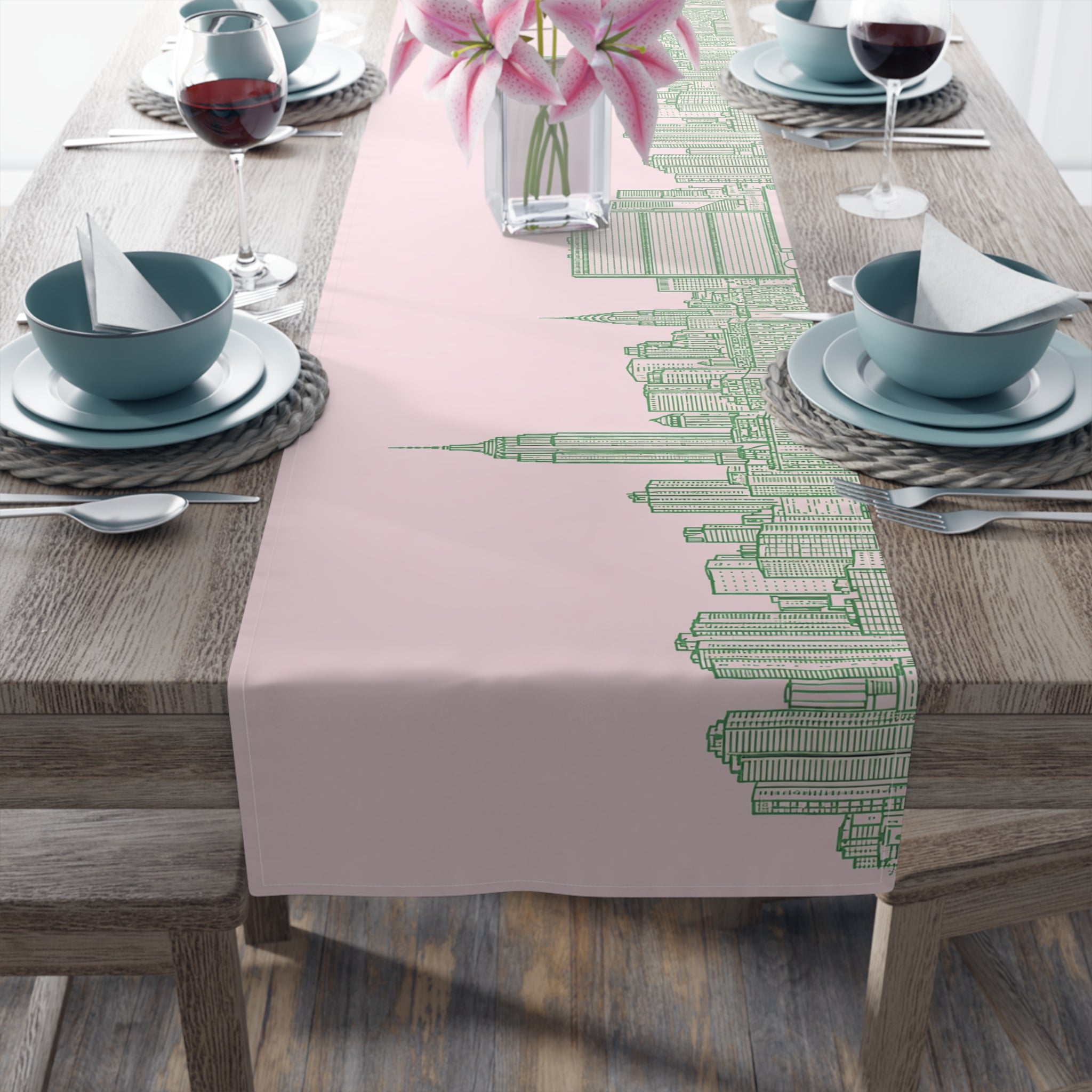 Pink & Green New York City Skyline Table Runner — NYC Manhattan Skyline Dining Table Decor