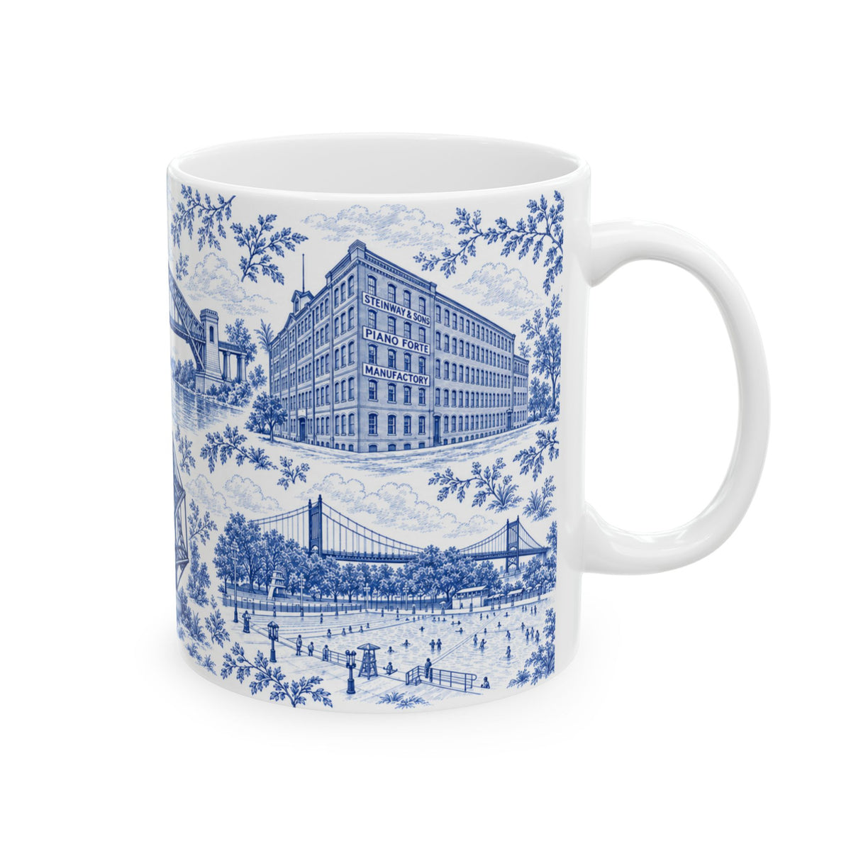 Astoria Blue Toile Cityscape Ceramic Mug — 11oz Decorative Coffee Cup