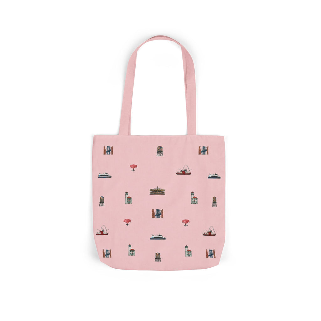 Icons of DUMBO Pink Canvas Tote Bag — Illustrated Brooklyn Landmarks Pattern