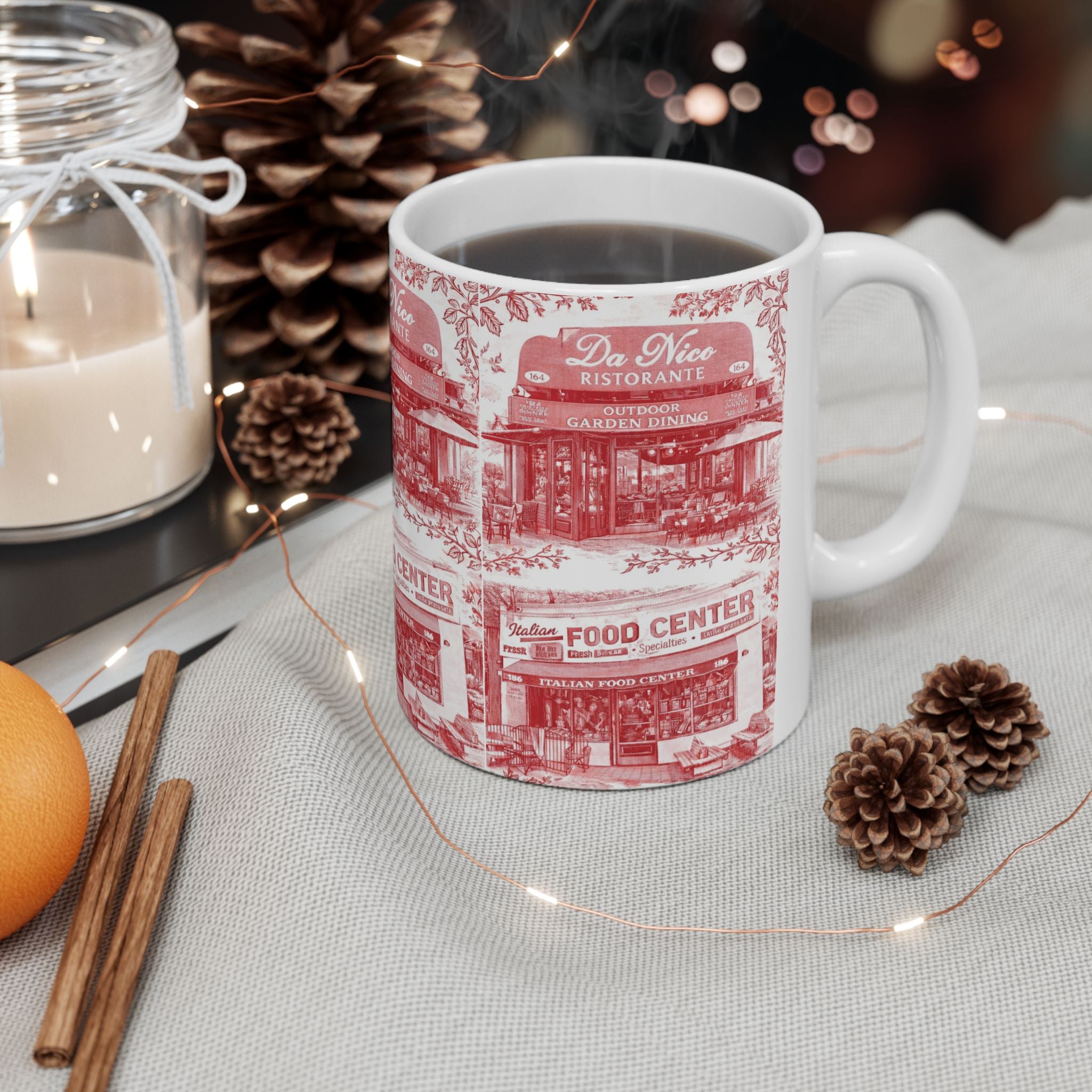 Little Italy Red and White Toile Cityscape Mug | NYC Chinoiserie Ceramic Coffee Cup