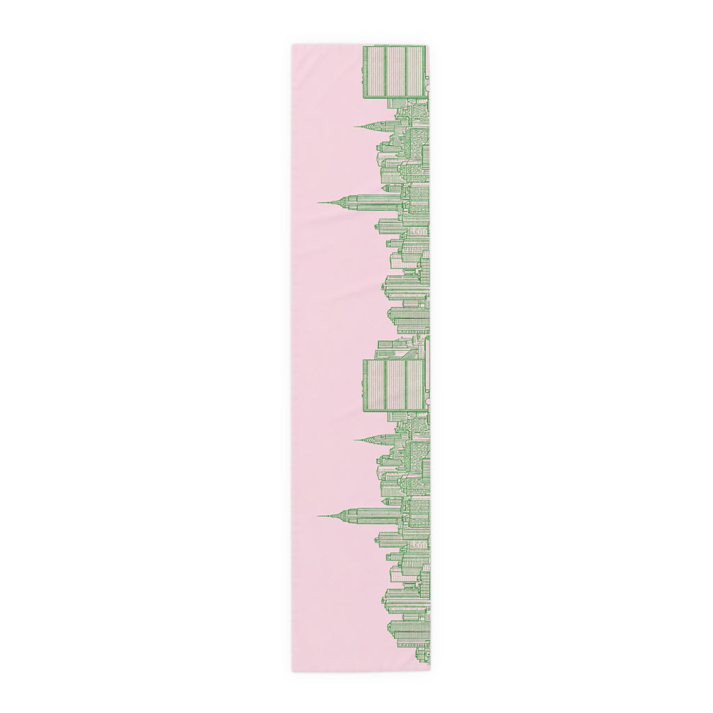 Pink & Green New York City Skyline Table Runner — NYC Manhattan Skyline Dining Table Decor