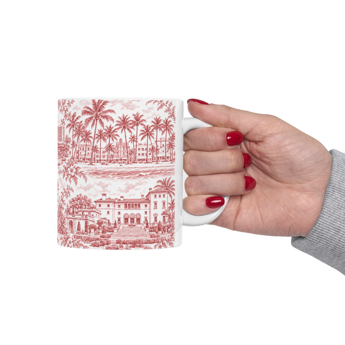 Miami Red Toile de Jouy Ceramic Mug — Florida Chinoiserie(11oz)