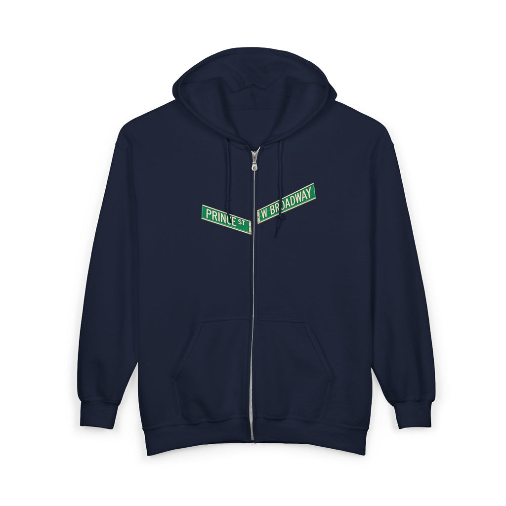 Sudadera con capucha y cremallera con letrero de SoHo Street | Nueva York centro de Manhattan Prince y West Broadway sudadera con capucha