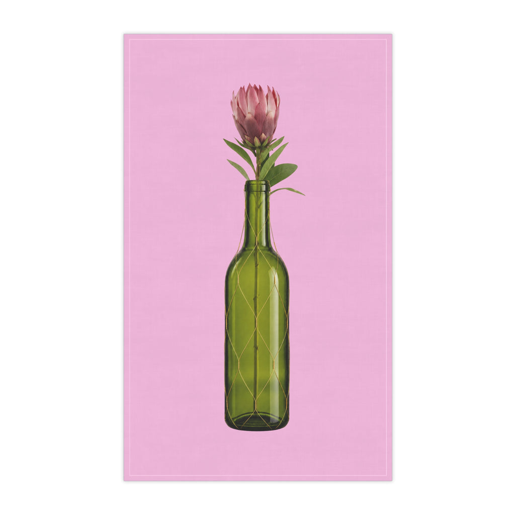 Pink Wine Bottle Tea Towel — Green Bottle with Protea on Pink Floral Kitchen Towel Hostess Gift