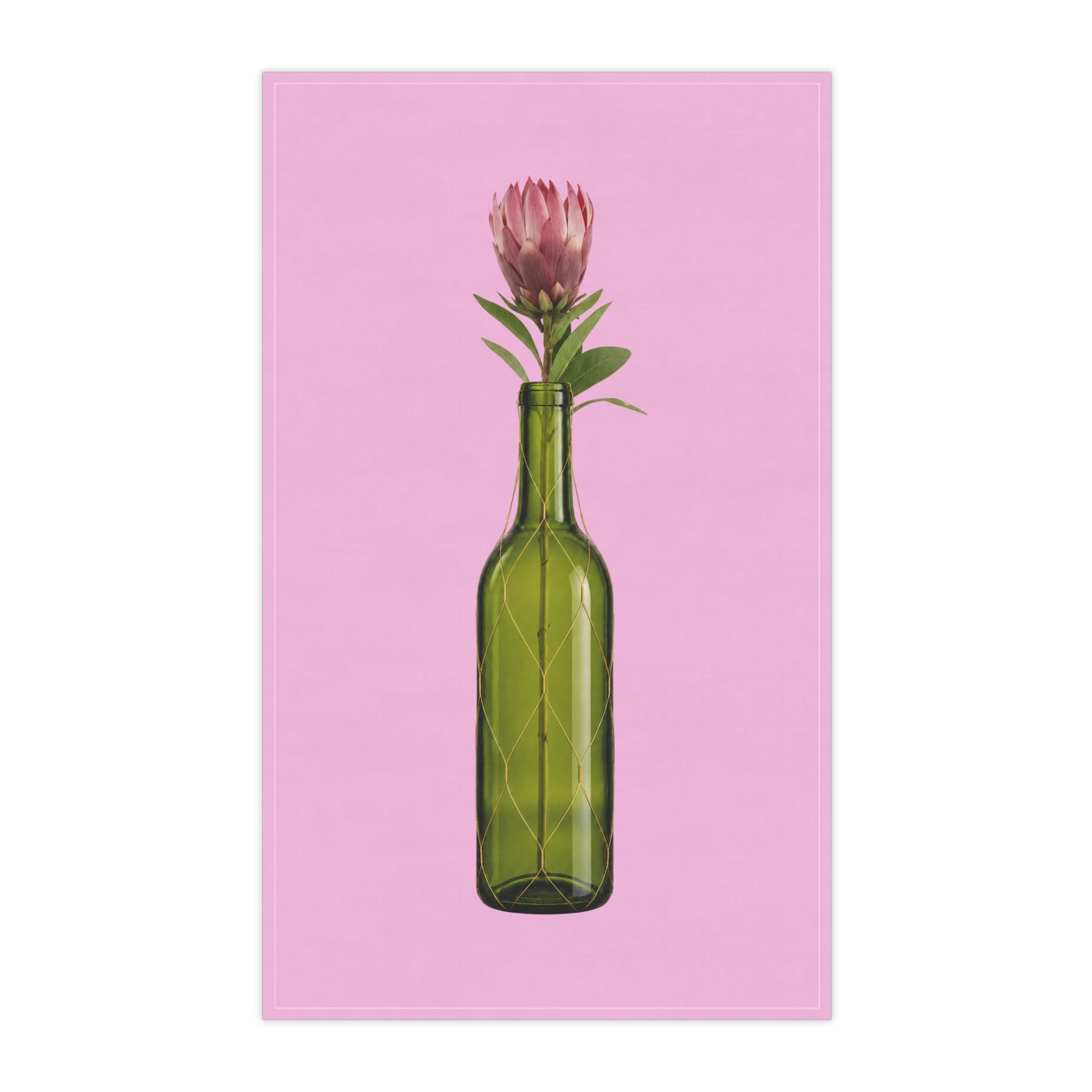 Pink Wine Bottle Tea Towel — Green Bottle with Protea on Pink Floral Kitchen Towel Hostess Gift