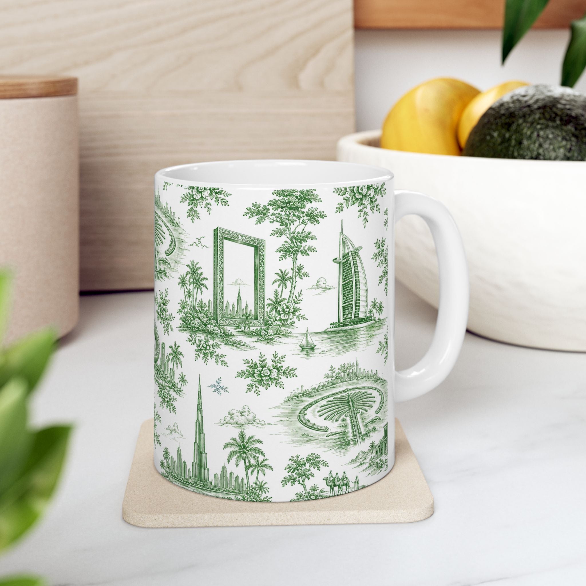 Dubai Green Toile de Jouy Ceramic Mug — Ceramic 11oz Coffee Cup