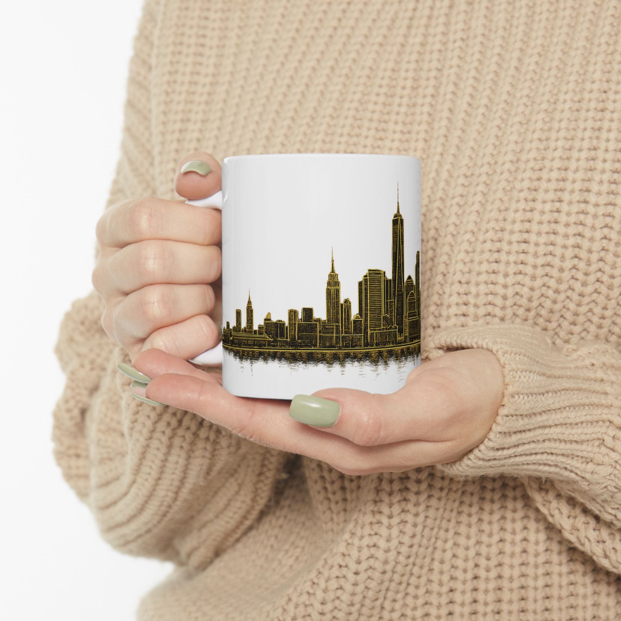 Gold New York City Skyline Mug | Art Deco Ceramic Downtown Manhattan Skyline Coffee Cup 11oz