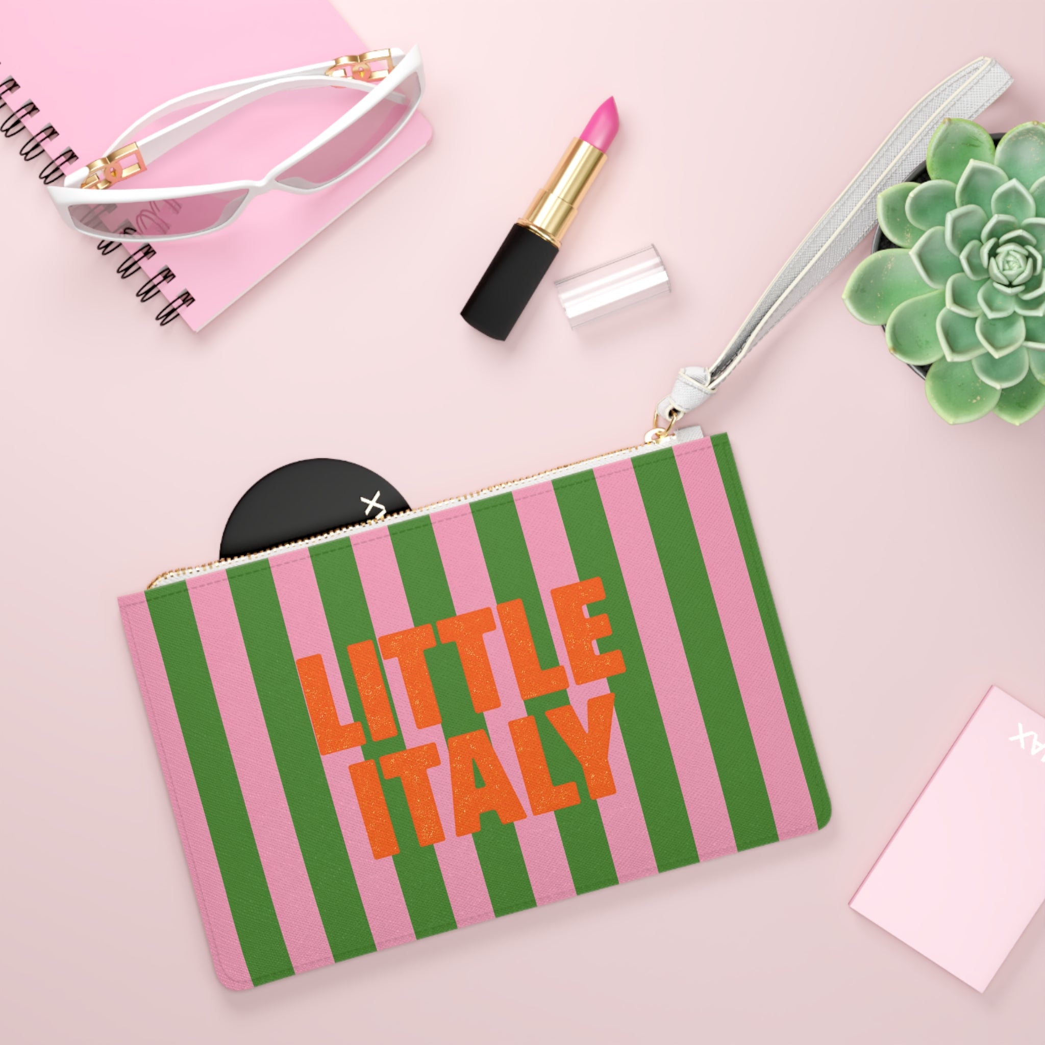 Little Italy Striped Clutch Bag — Pink & Green Wristlet Purse