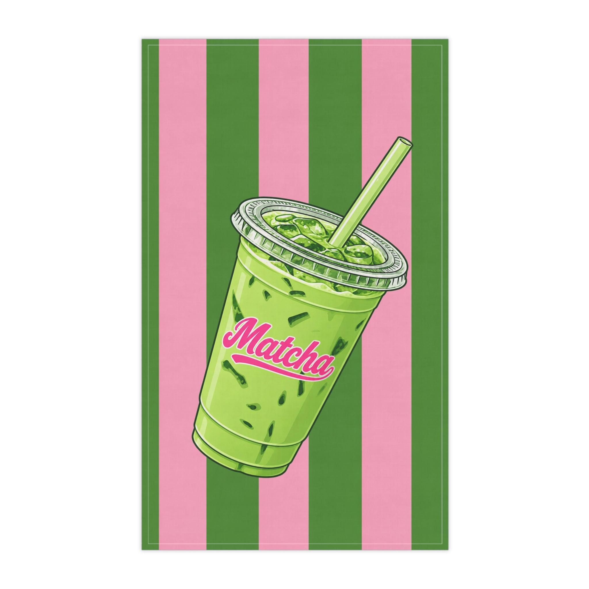 Matcha Drink Tea Towel — Green & Pink Striped Kitchen Towel with 'Matcha' Cup Design Hostess Gift