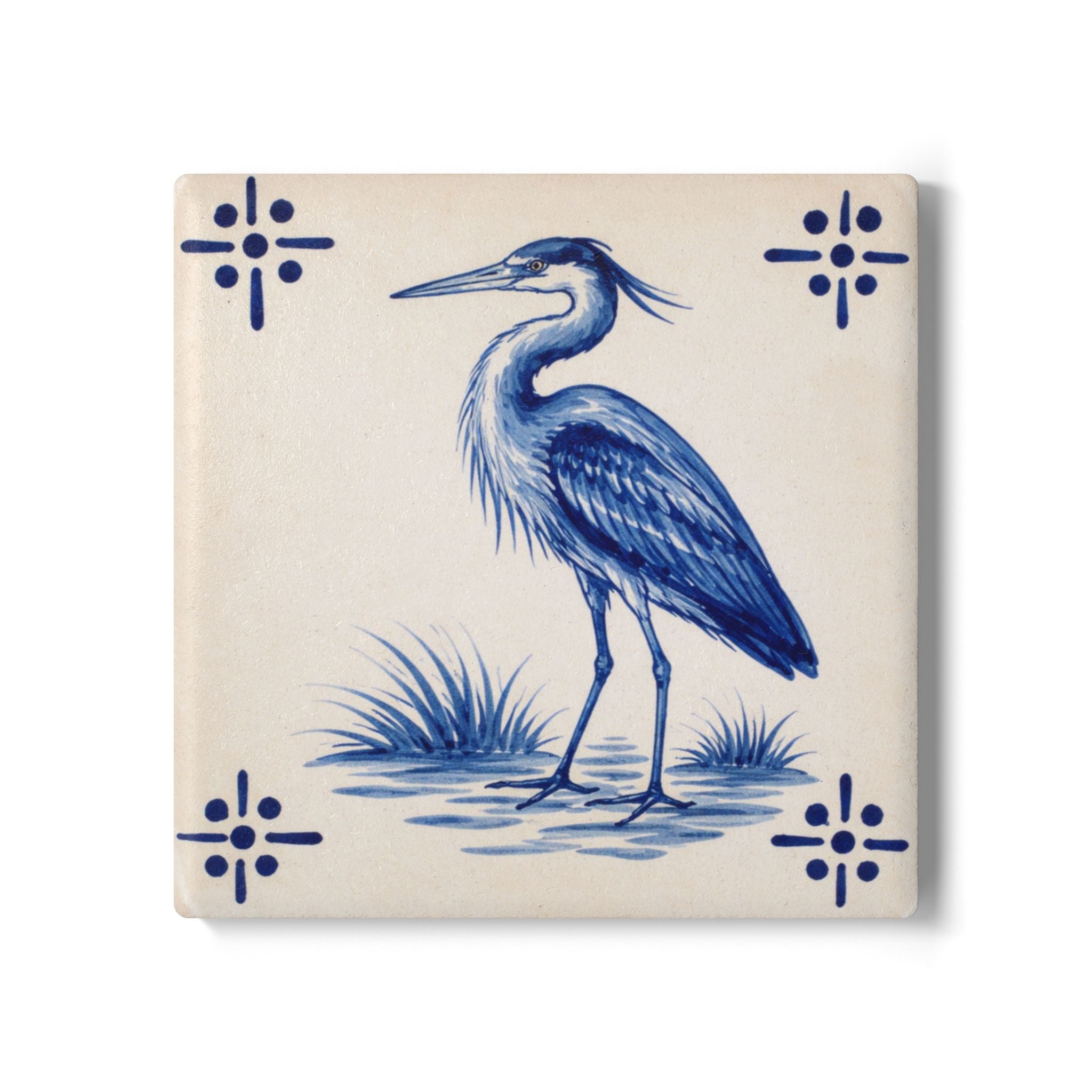 Staten Island Blue Heron Ceramic Coaster – Coastal Azulejos-style Tile Drink Coaster