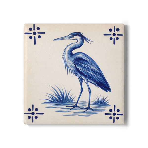 Staten Island Blue Heron Ceramic Coaster – Coastal Azulejos-style Tile Drink Coaster